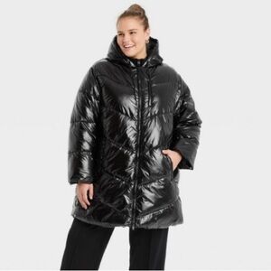 Hooded Mid Length Wet Look puffer parka coat